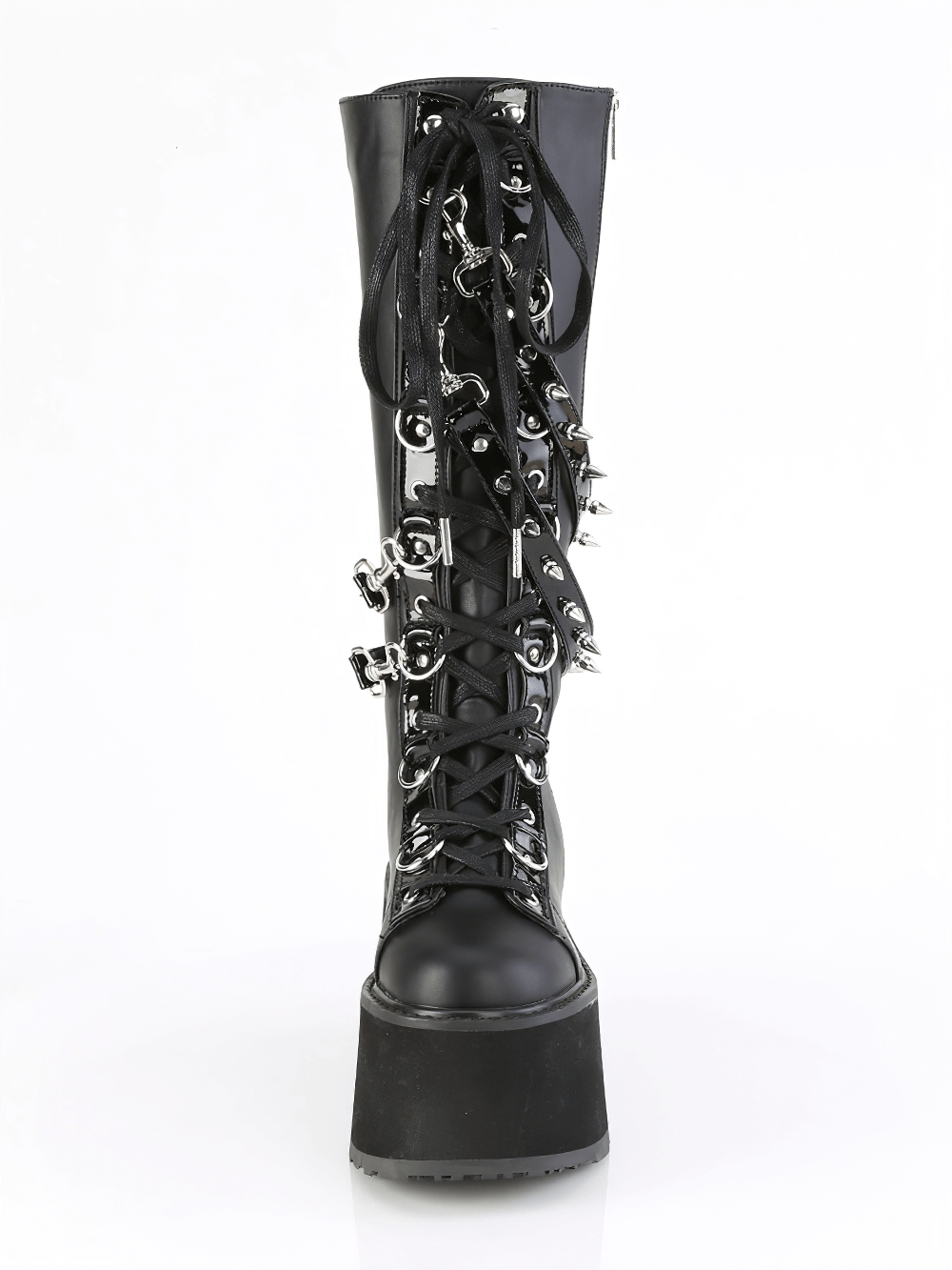 Gothic black knee-high platform lace-up boots with O-ring, eyelet lacing, and studded straps.