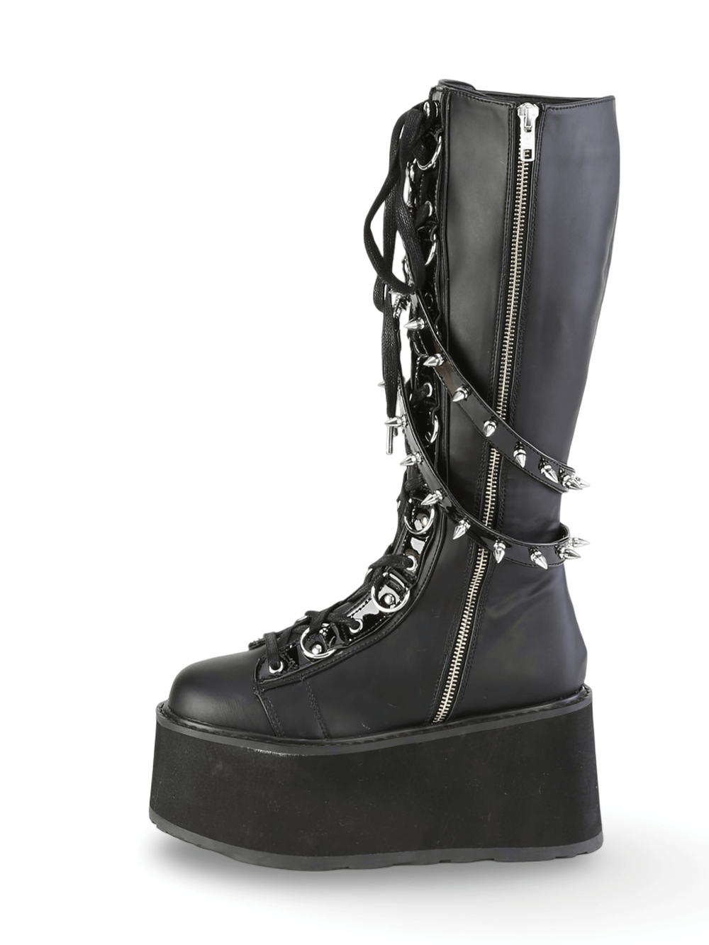 DEMONIA kniehohe Plateau-Schnürstiefel mit Nietenriemen