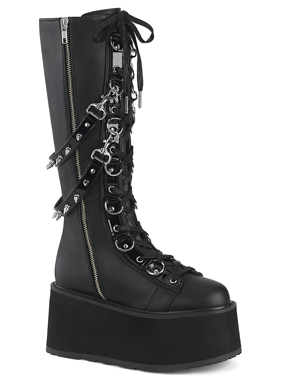 Demonia platform lace-up knee-high boots with studded straps and O-ring detailing, featuring a bold black design.