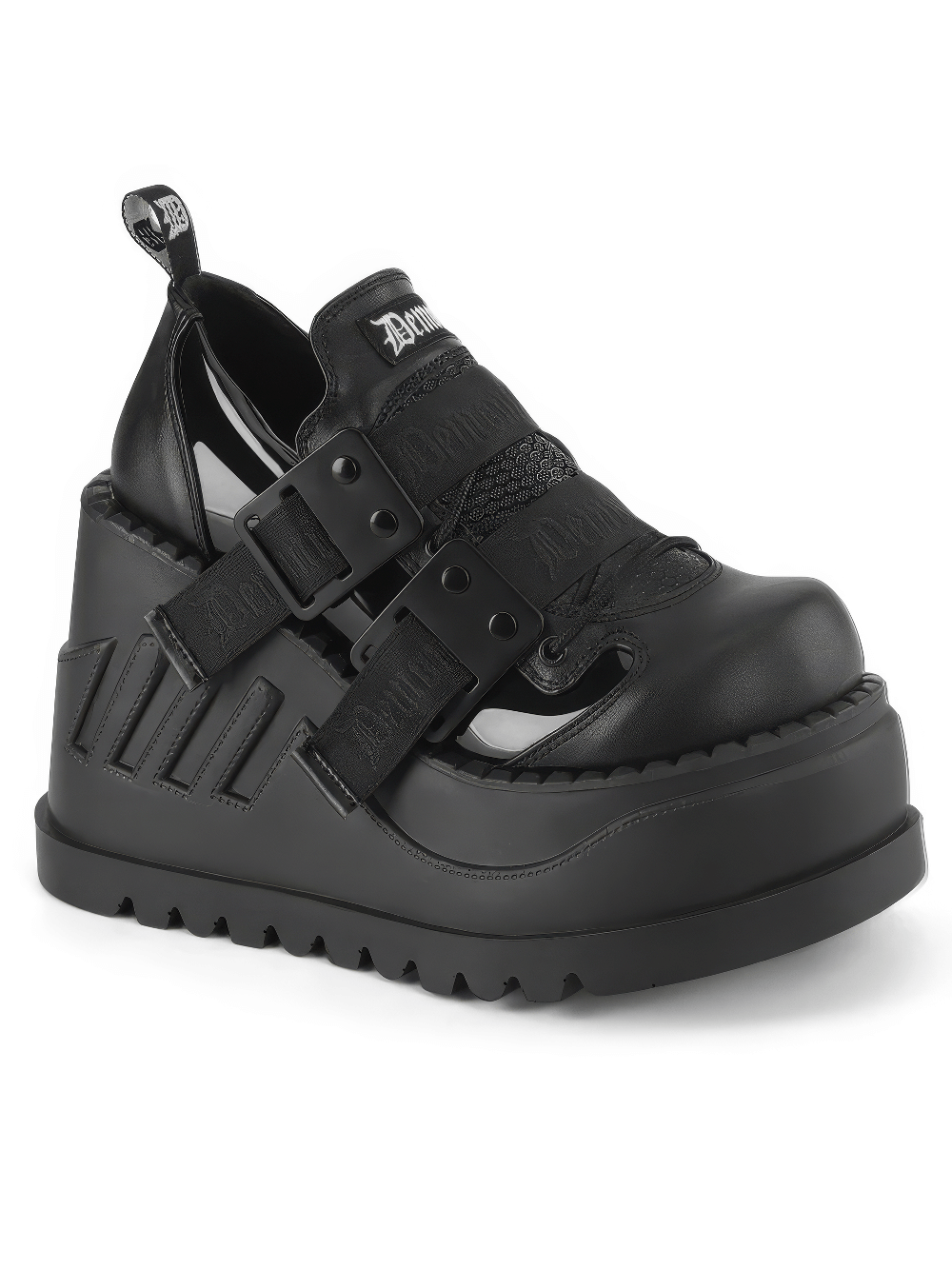 Demonia platform lace-up shoes with metal details and wedge heel for bold, edgy style. Perfect for standout outfits.