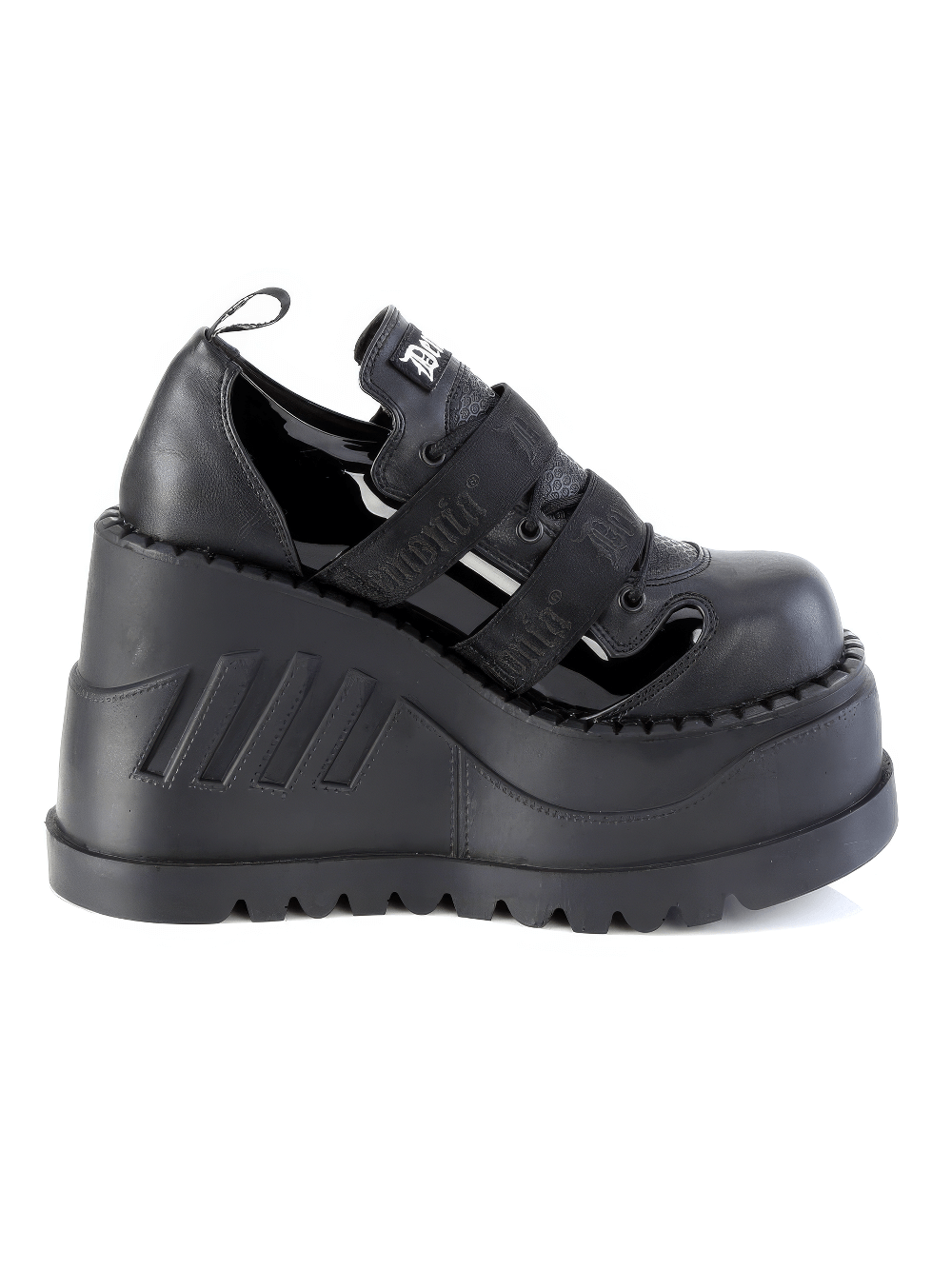 Demonia platform lace-up shoes with metal details, featuring a bold wedge heel and stylish padded design.