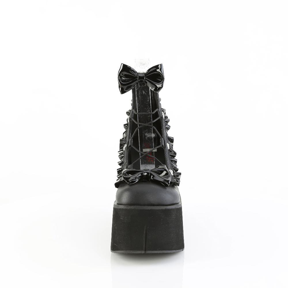 Demonia Platform Lolita Shoes featuring bow and ruffle details with a dramatic heel, perfect for bold fashion statements.