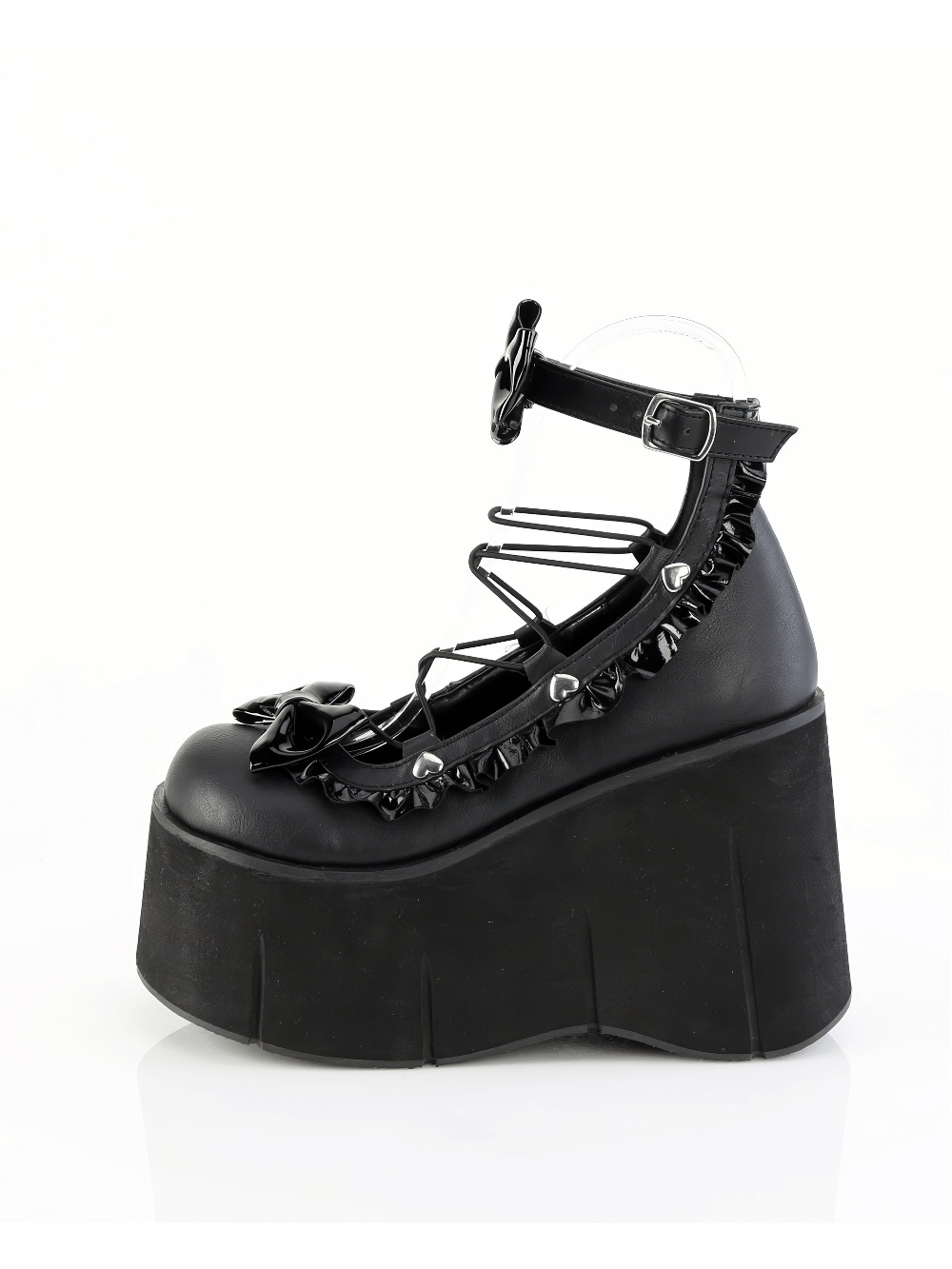 Black Demonia platform Lolita shoes with ankle strap, bow, and ruffled details for bold style.