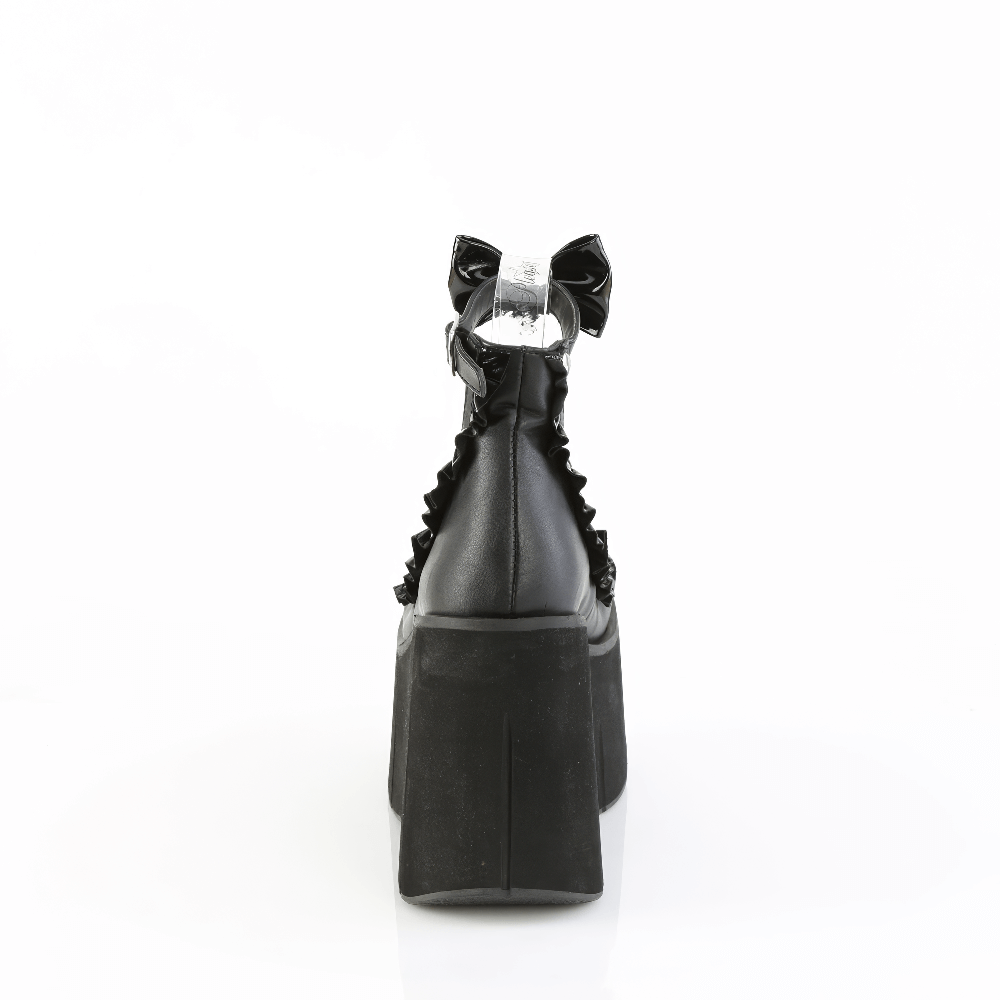 Back view of DEMONIA Platform Lolita Shoes with charming bow and ruffle details, showcasing sleek vegan design.