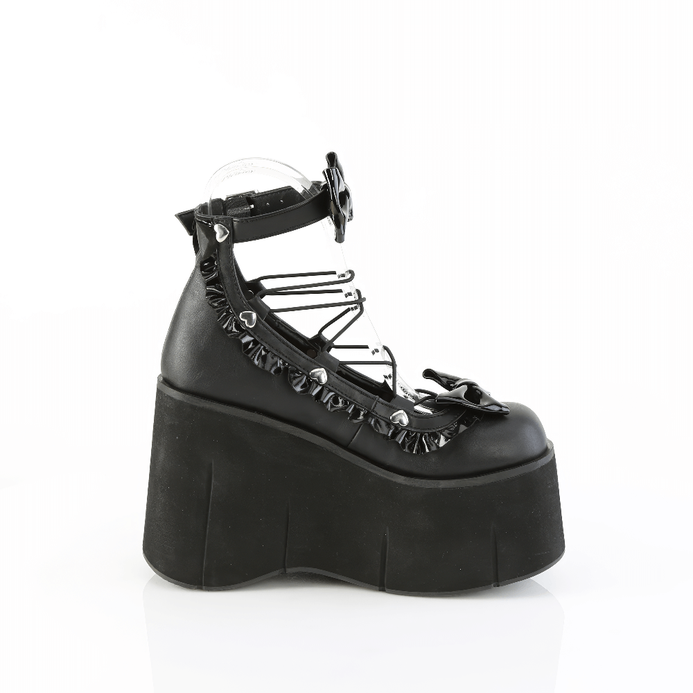 Demonia platform Lolita shoes featuring ruffles, bows, and a stylish ankle strap, perfect for a bold fashion statement.