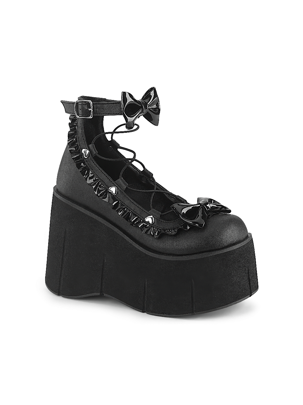 Stylish Demonia platform Lolita shoes with ankle strap, bow, and ruffle details, perfect for bold fashion statements.