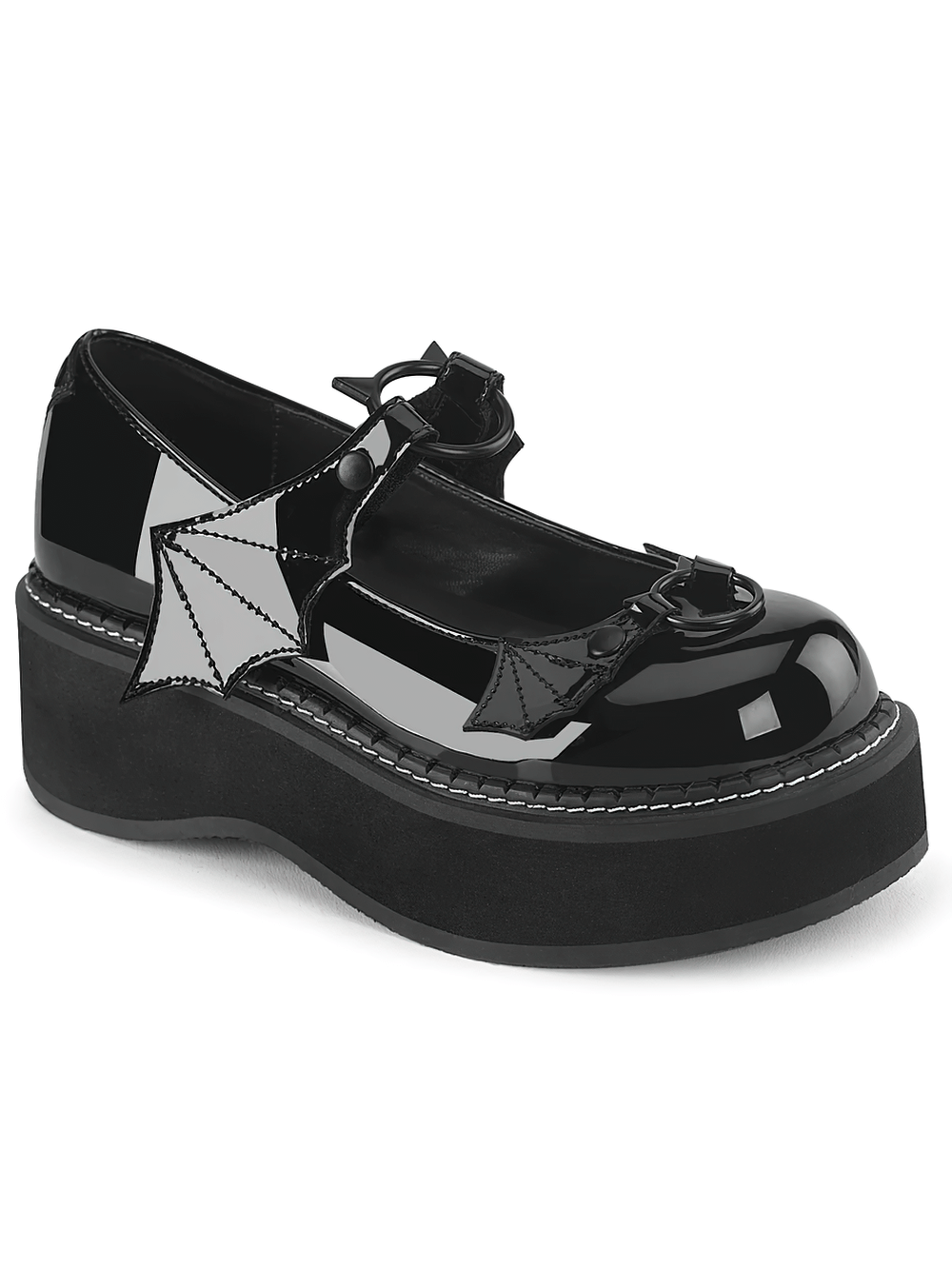 Gothic platform Mary Jane shoes with batwing strap, glossy black finish and bold 2-inch platform.