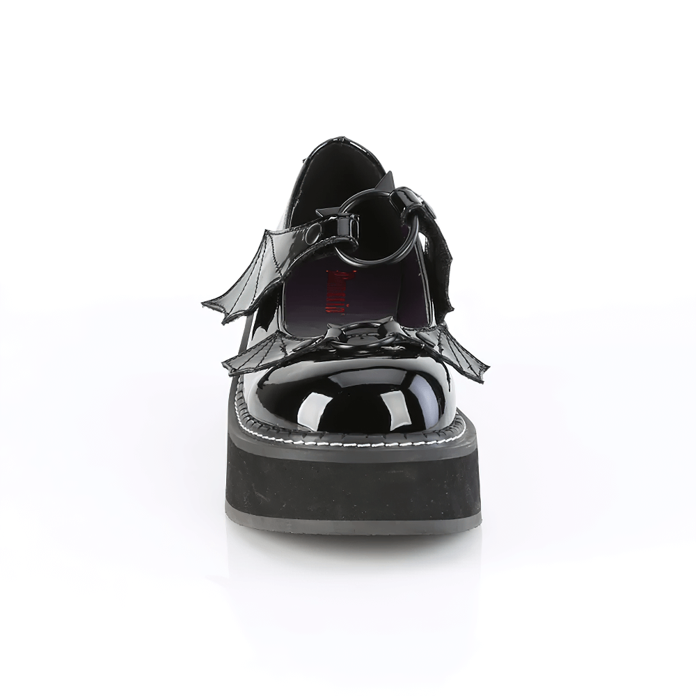 Front view of Demonia Platform Mary Jane Shoes with batwing strap, showcasing gothic style and bold platform.
