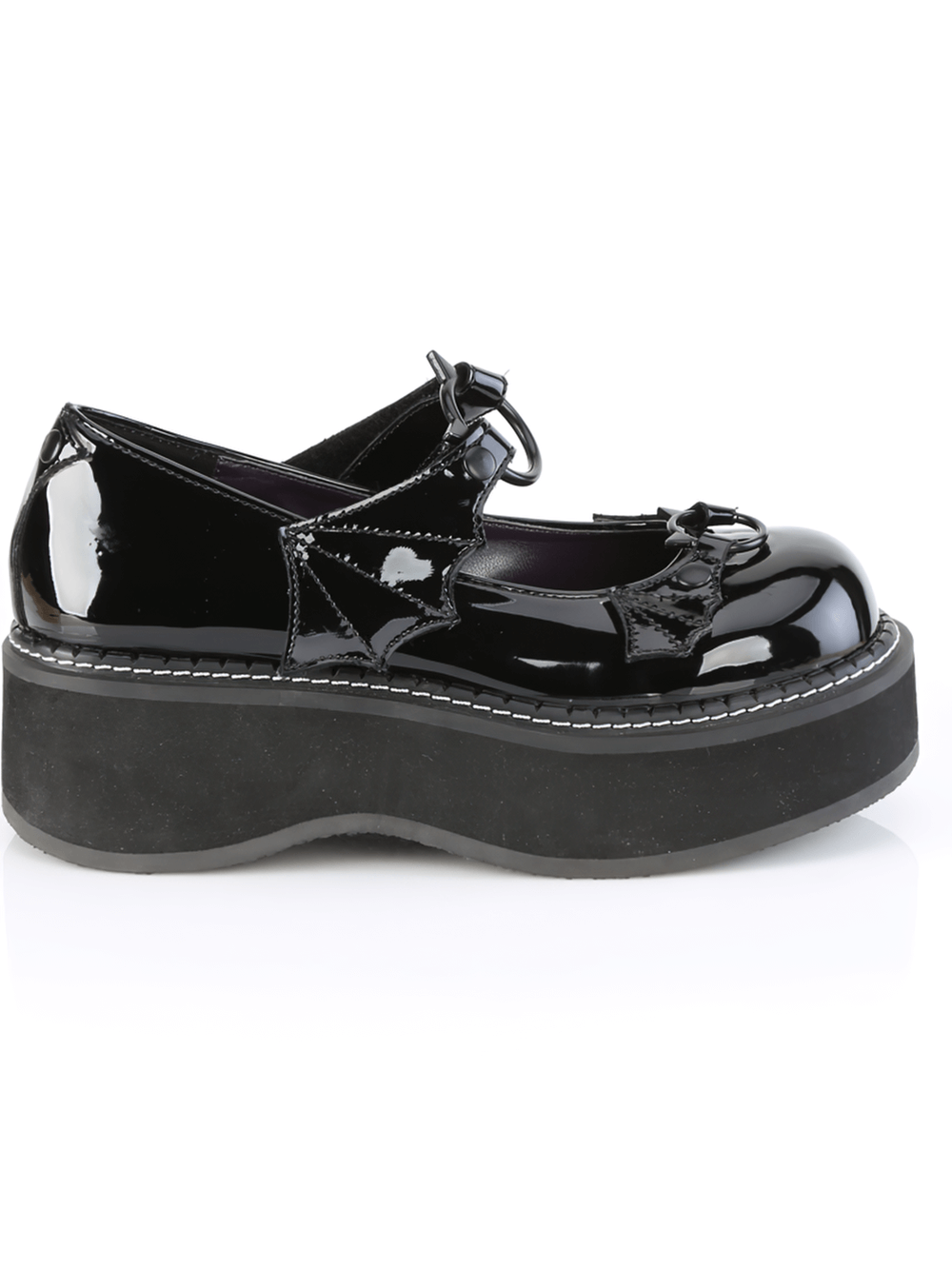 Gothic Platform Mary Jane Shoes with batwing strap and shiny black finish