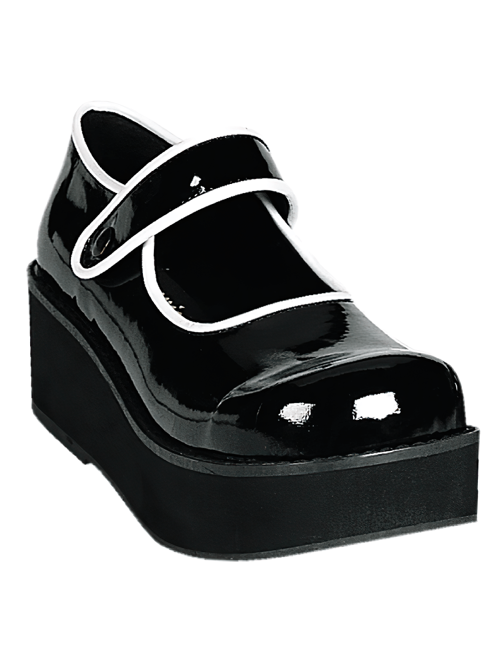 Black and white patent Demonia Mary Jane platform shoes with a goth punk and kawaii style.