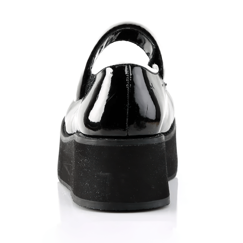 Back view of Demonia platform Mary Jane shoes in glossy black with a stylish 2.25-inch heel.