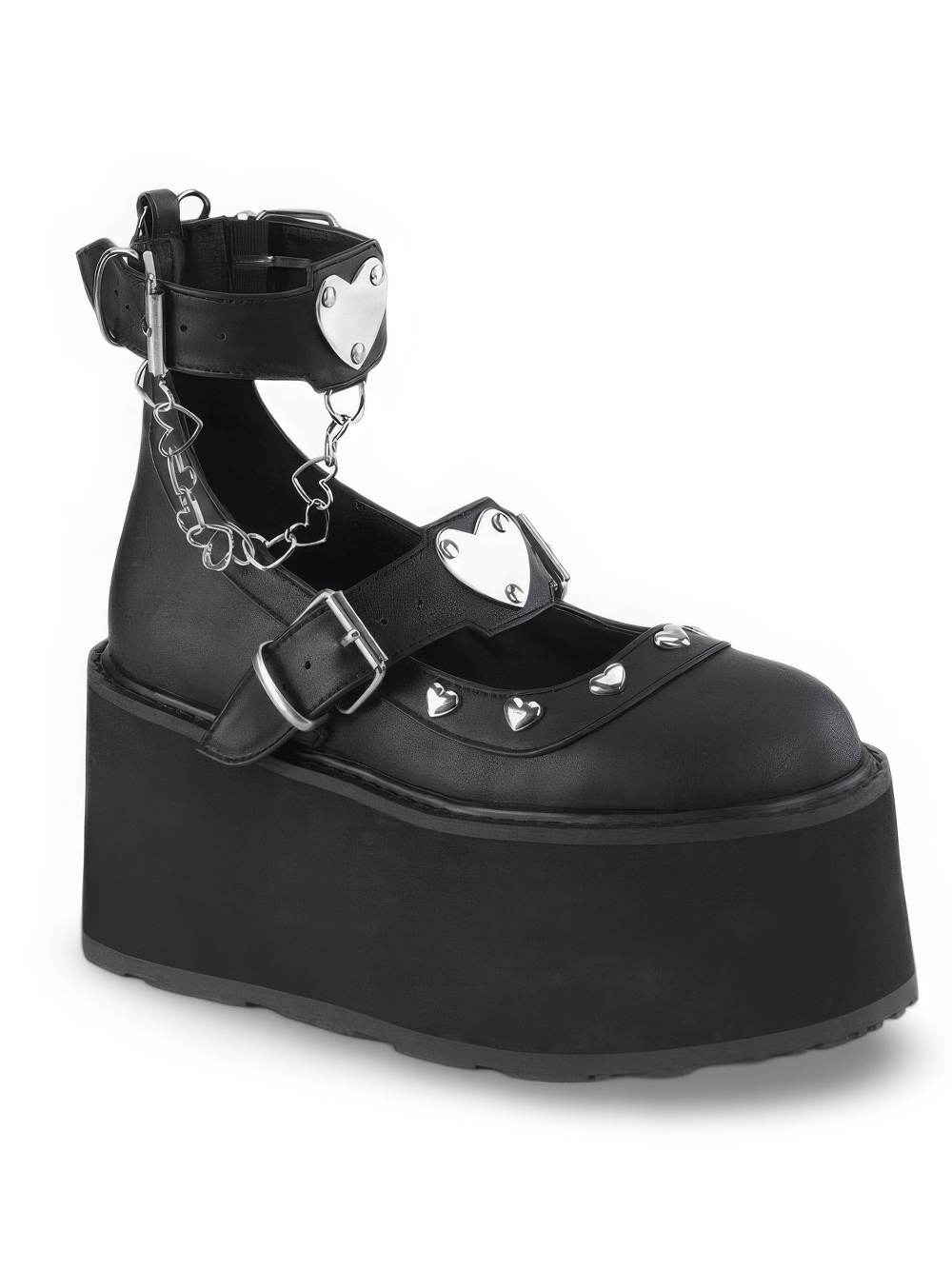 Demonia Platform Mary Jane Shoes featuring heart details, studs, and a unique heart chain for gothic flair.