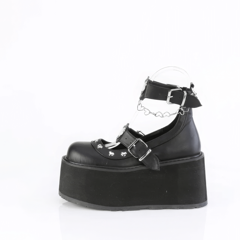 Demonia Platform Mary Jane shoes featuring heart studs and a heart chain, gothic style with buckle straps.