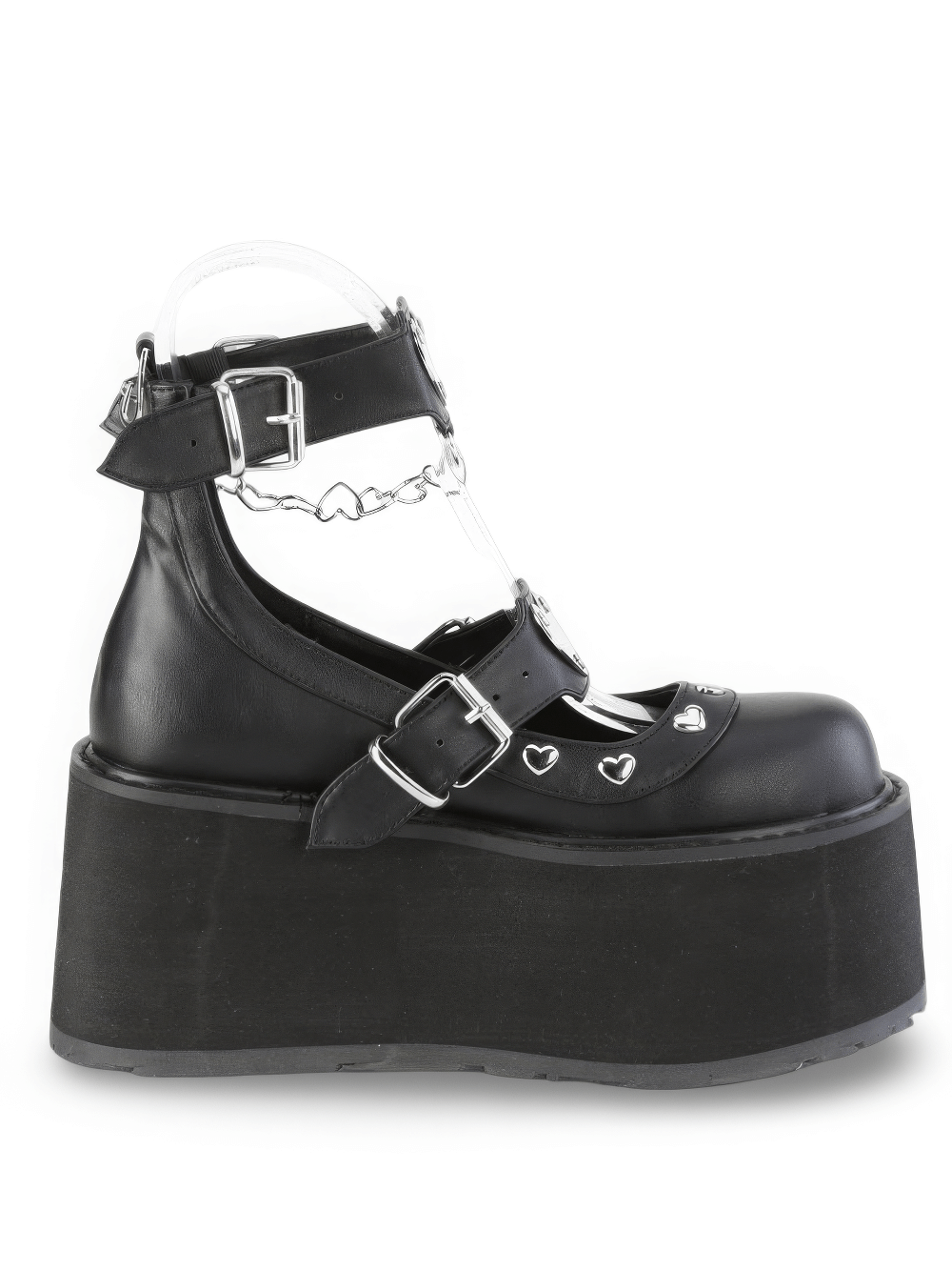 Demonia Platform Mary Jane Shoes with heart studs and chain, featuring buckle straps for a bold gothic look.
