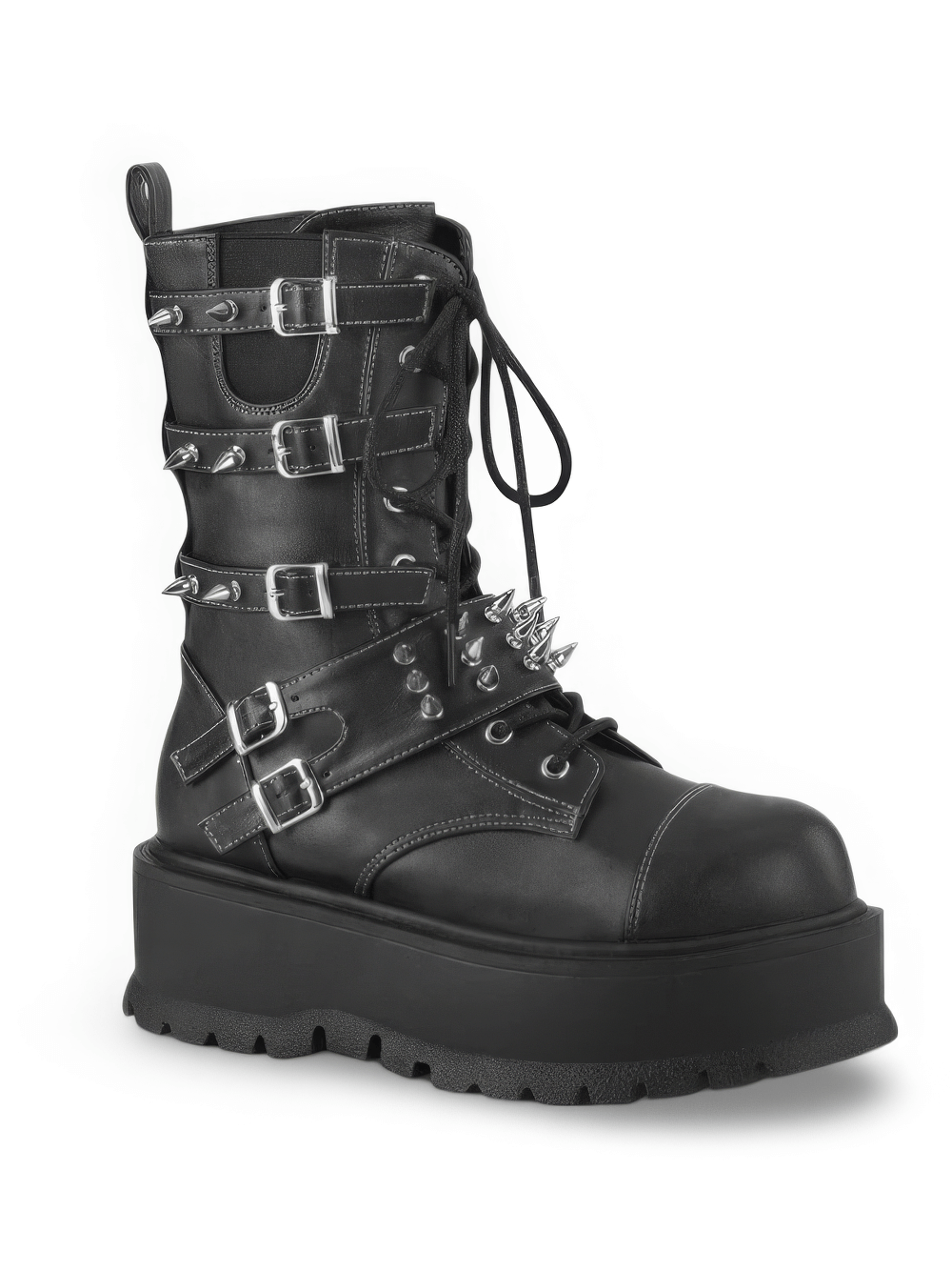 Demonia mid-calf platform boots featuring spike buckle straps and durable black vegan leather.