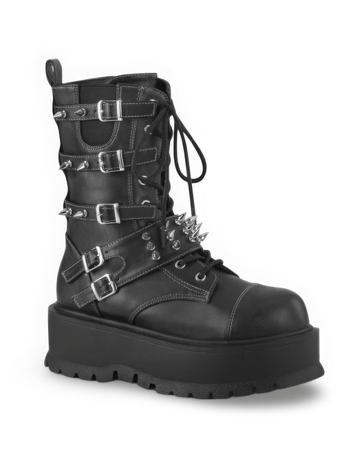 DEMONIA Platform Mid-Calf Boot with Spike Buckle Straps