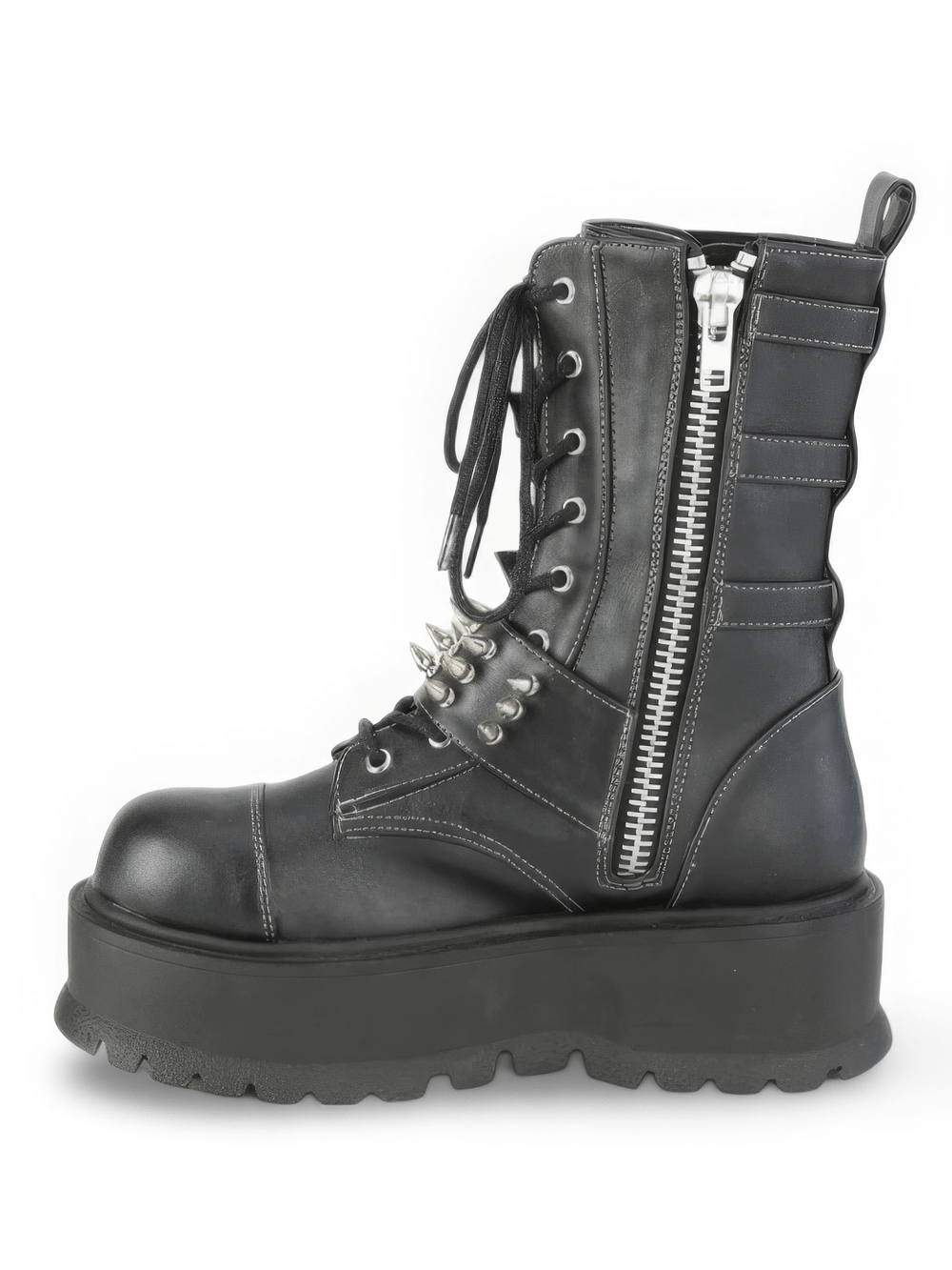 DEMONIA Platform Mid-Calf Boot with Spike Buckle Straps