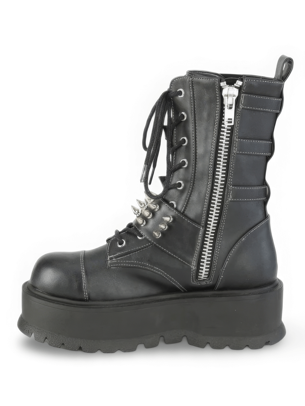 Demonia mid-calf boots in black vegan leather with spike buckle straps and a 2-inch platform, showcasing bold edgy style.