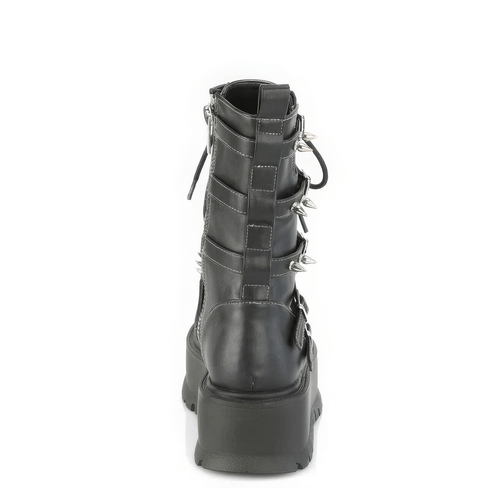 Back view of DEMONIA mid-calf platform boots featuring spike-adorned buckle straps and a durable black vegan leather finish.