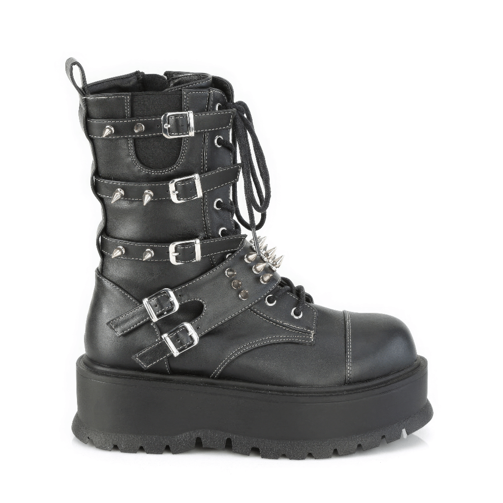 Demonia black mid-calf platform boots with spike buckle straps and lace-up front, showcasing a bold edgy style.