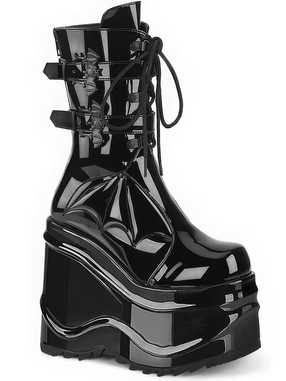 Gothic Demonia platform mid-calf boots with bat wing design and buckle details in glossy black vegan leather.