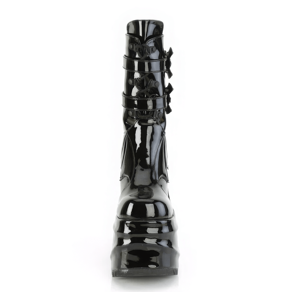 Gothic Demonia platform mid-calf boots in black patent leather with bat wing details and lace-up design.