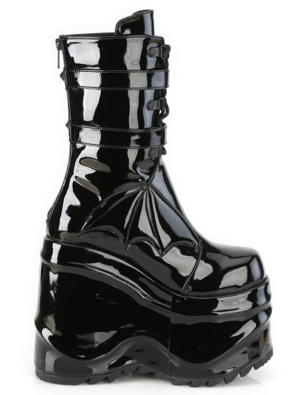 Gothic Demonia platform mid-calf boots in black patent with bat wing details and lace-up design.