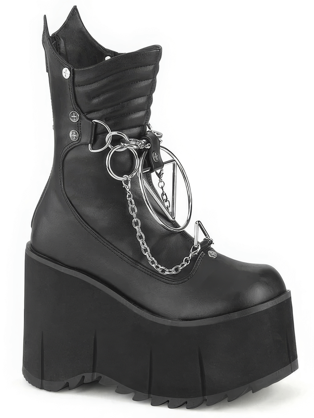Daring Demonia black mid-calf boots with chains, studs, and an edgy platform height of 11.4 cm.