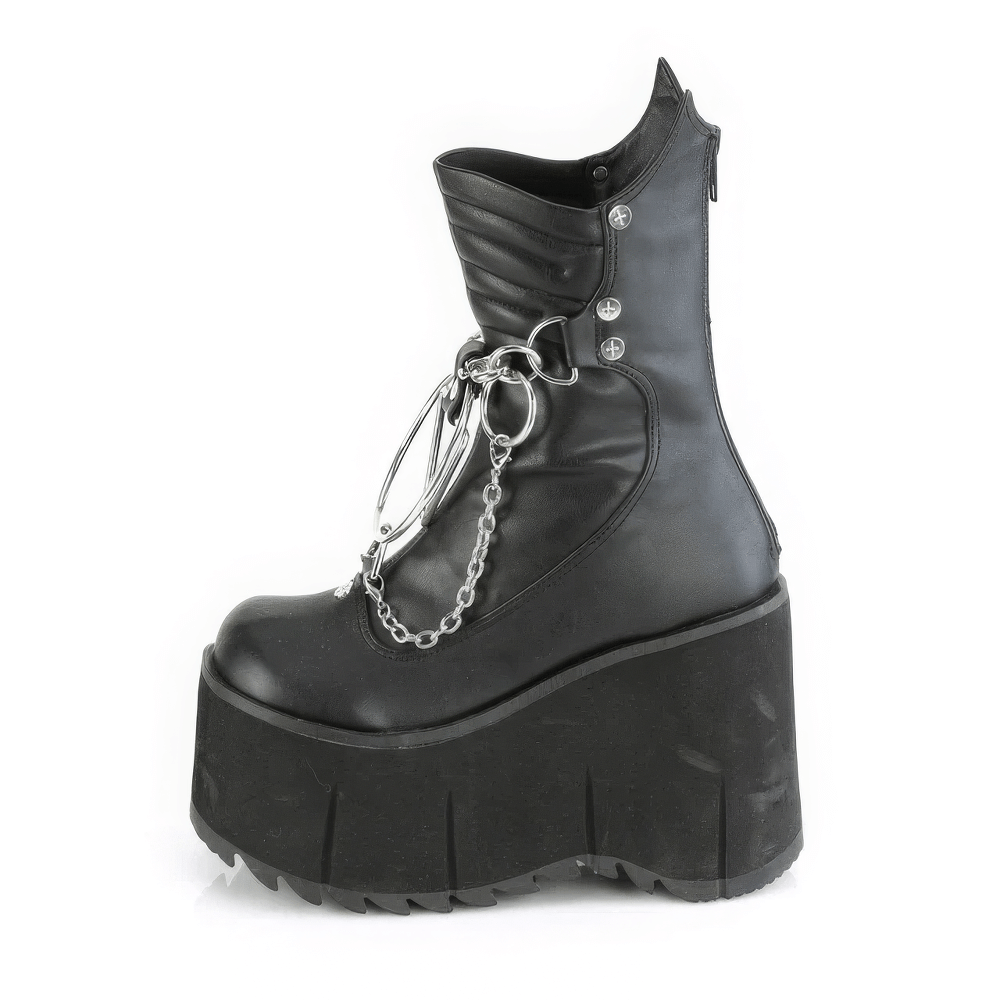 Black Demonia platform mid-calf boots featuring chains, O-Rings, and studs with a chunky 4.5-inch platform.