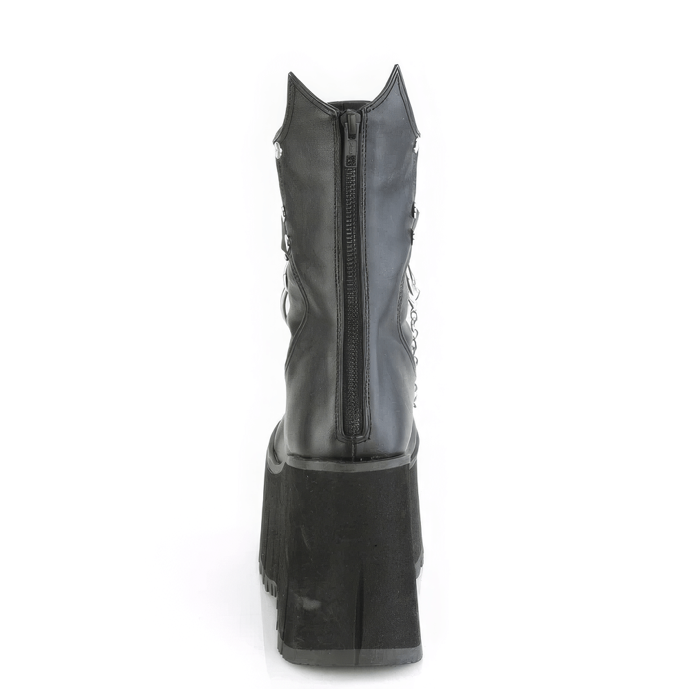 Back view of DEMONIA black mid-calf platform boots with chains, studs, and metal hardware.