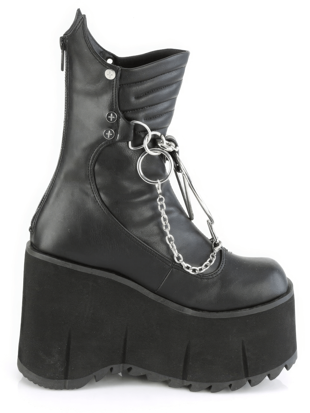 Demonia black mid-calf platform boots with chains, studs, and metal hardware, featuring a bold 4.5-inch platform.