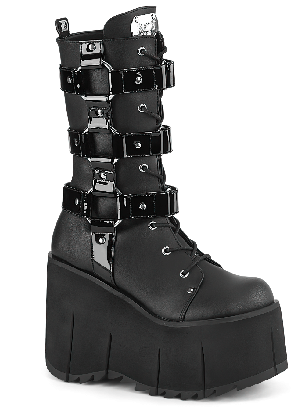 Black vegan leather mid-calf platform boots with lace-up front and studded straps.