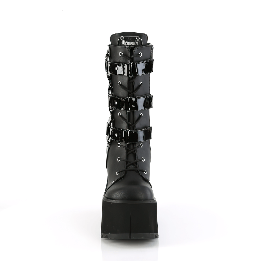 Black vegan leather mid-calf lace-up platform boots with studs and buckle detailing.