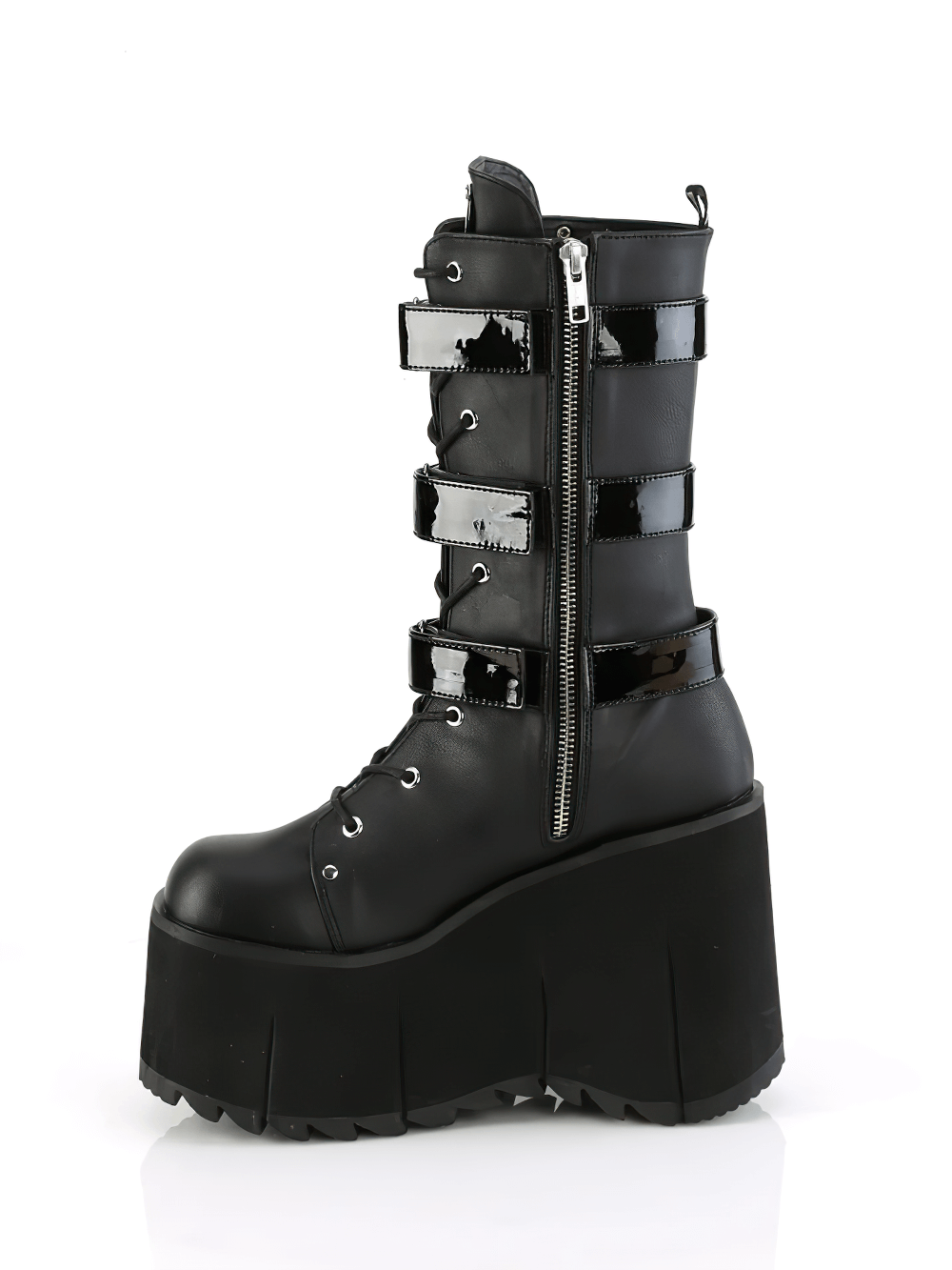 Demonia platform mid-calf lace-up boots in black vegan leather with studs and robust 4.5-inch platform.