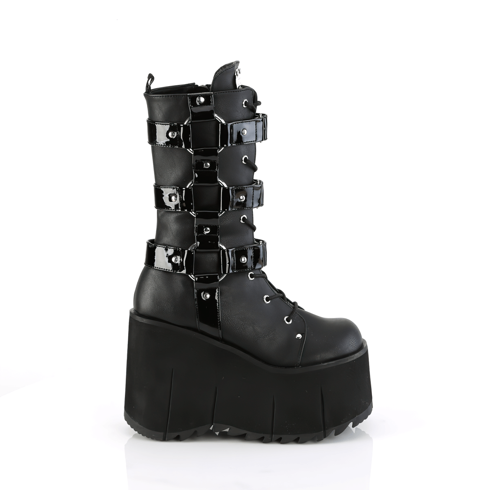 Black vegan leather mid-calf platform boots with buckle straps and a 4.5" platform for a bold statement.