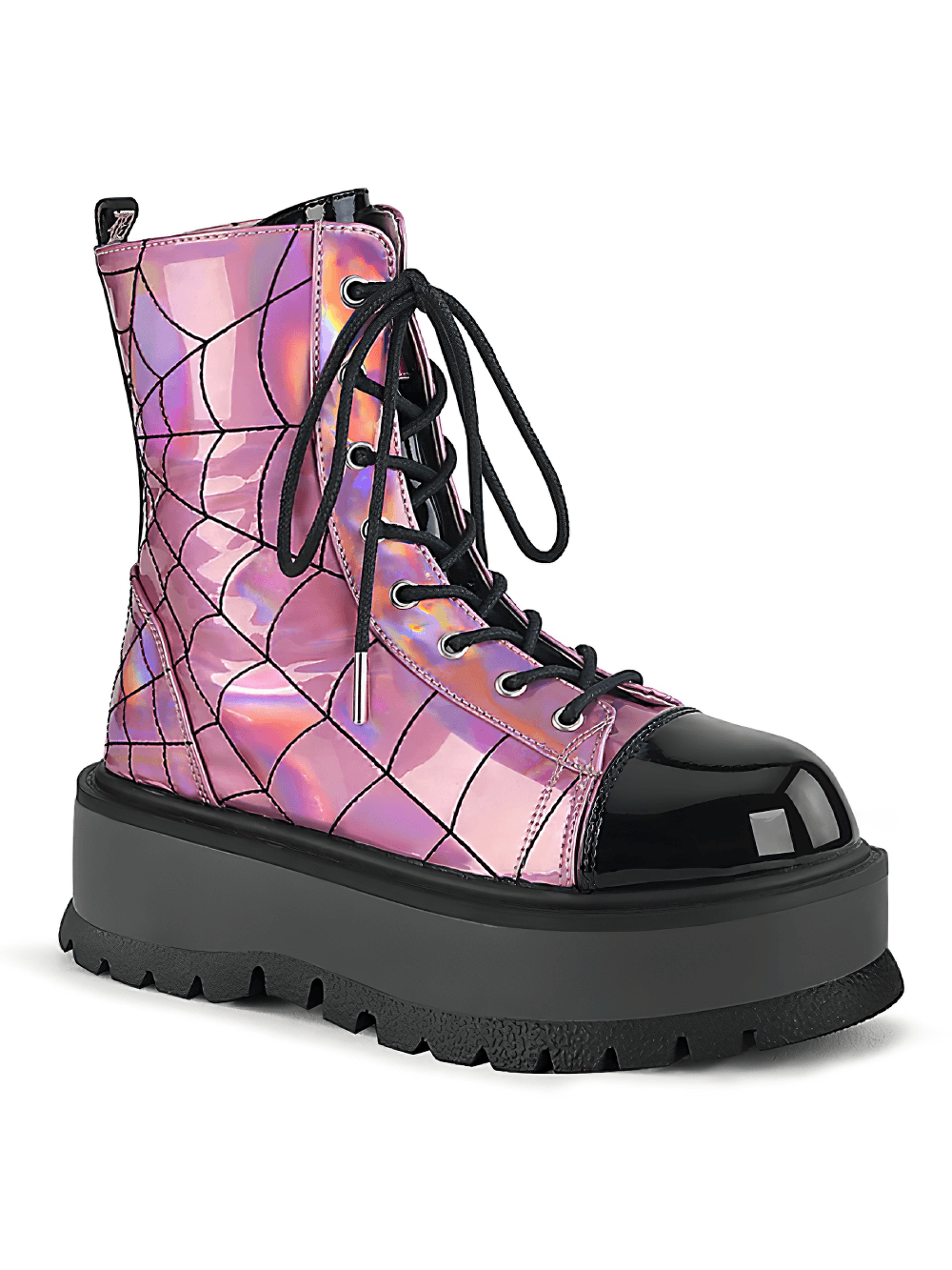 Demonia pink hologram platform ankle boots with embroidered spider web design and lace-up front.