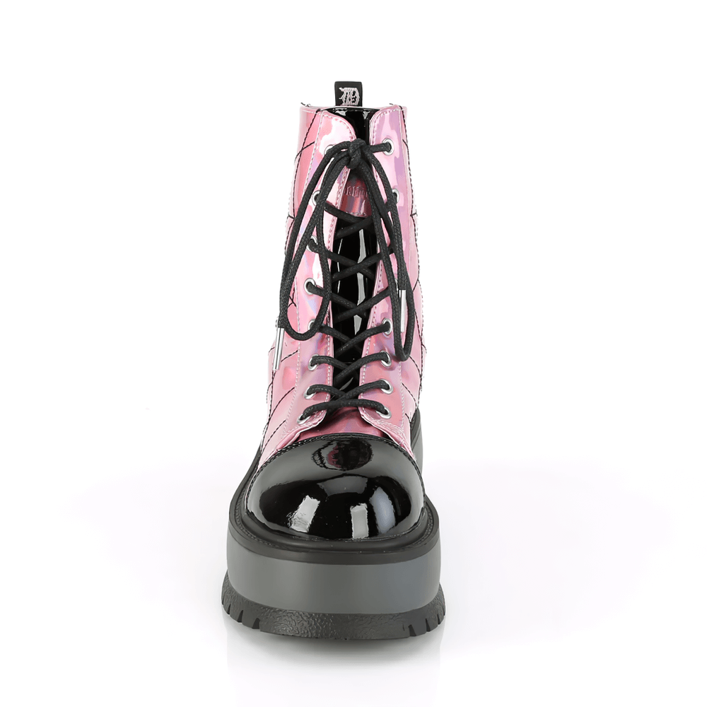 Demonia pink hologram lace-up ankle boots with black patent finish and spider web embroidery.