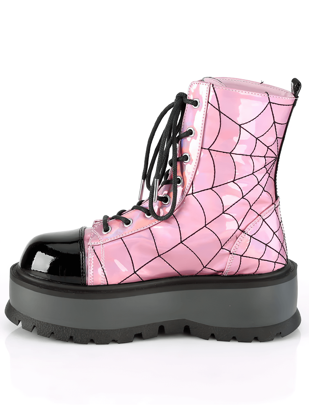 Pink hologram lace-up ankle boot with embroidered spider web design and chunky platform heel.