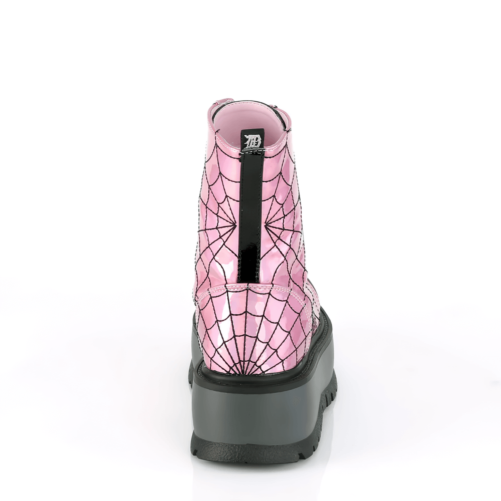 DEMONIA Platform Pink Hologram Ankle Boots with Web Design