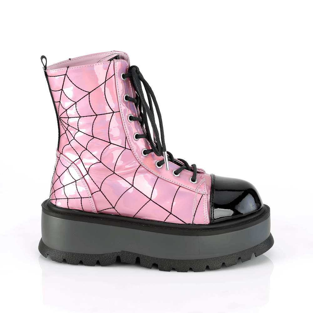 Demonia pink hologram ankle boots with spider web design and black patent finish, featuring a 2" platform.
