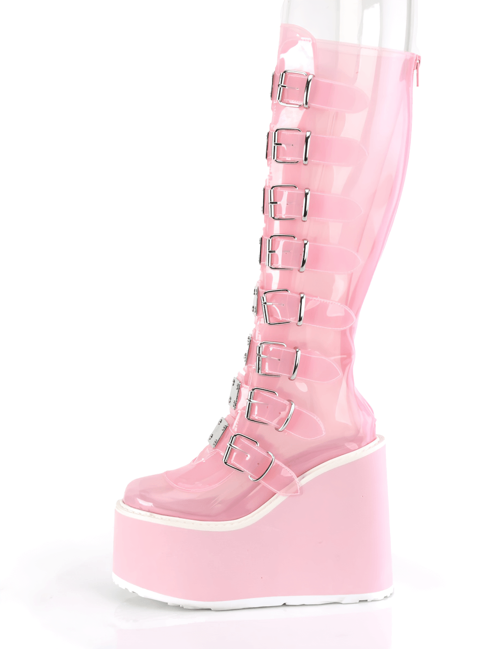 Bold baby pink knee-high platform boots with buckle straps and sleek design, perfect for edgy fashion statements.