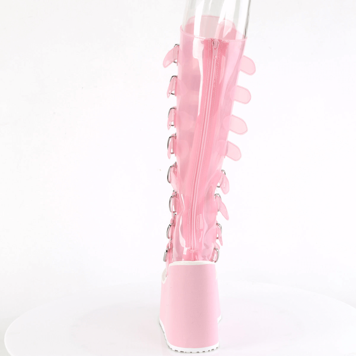 Baby pink knee-high platform boots with buckle straps and a back zip closure for a bold, futuristic style.