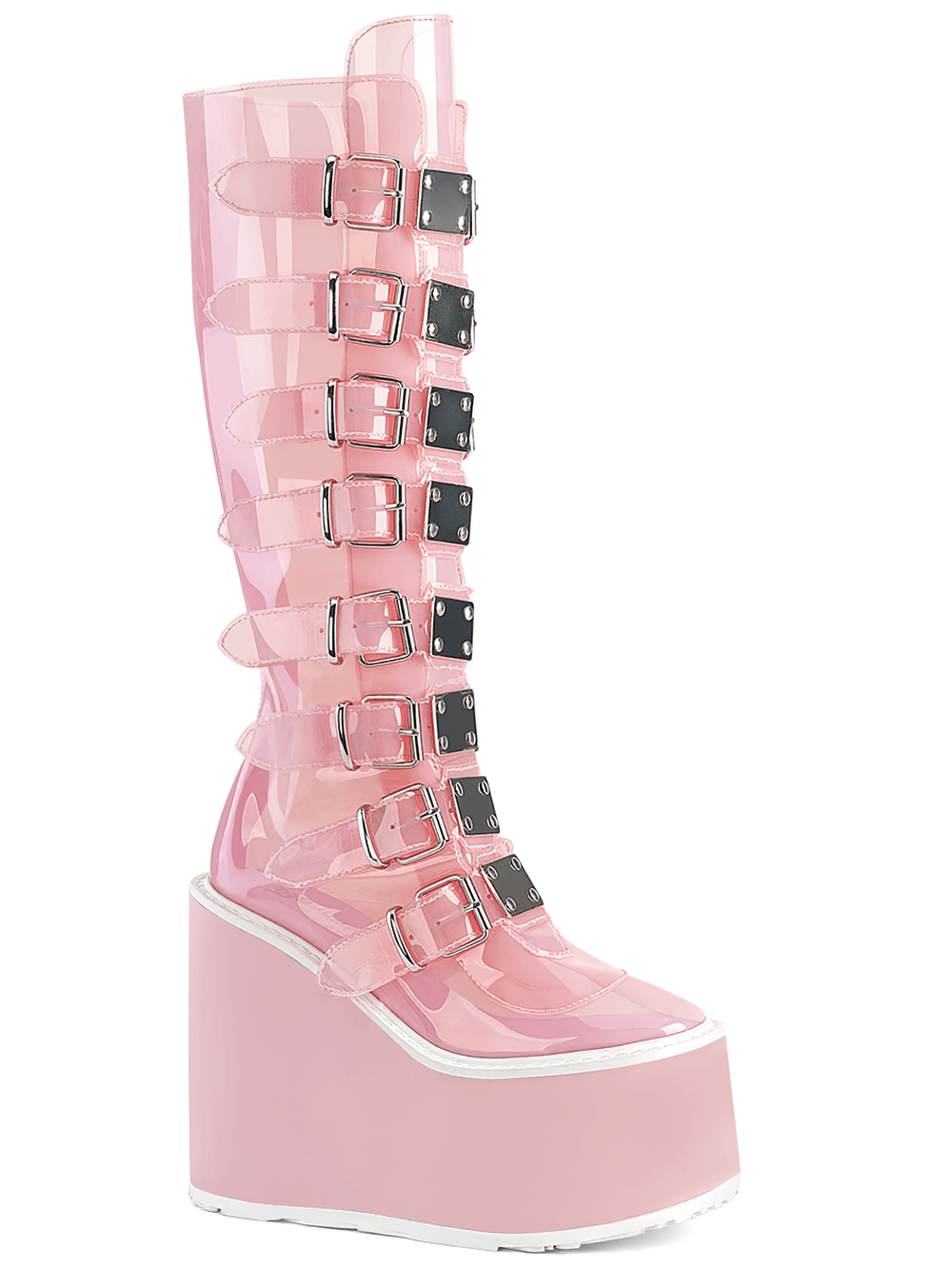 DEMONIA Botas altas hasta la rodilla en color rosa con plataforma y correas con hebilla