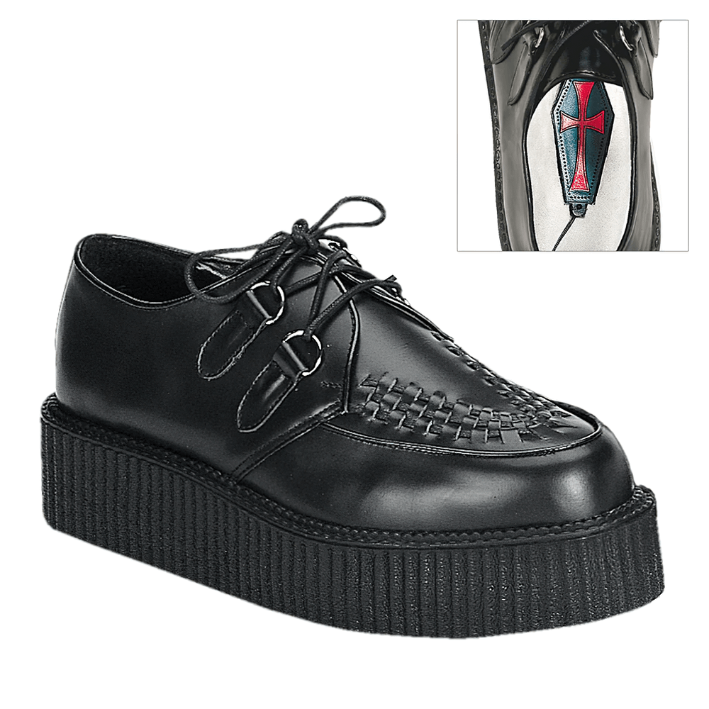 Demonia platform punk rockabilly lace-up creepers in black, featuring a bold 2-inch platform and sturdy construction.