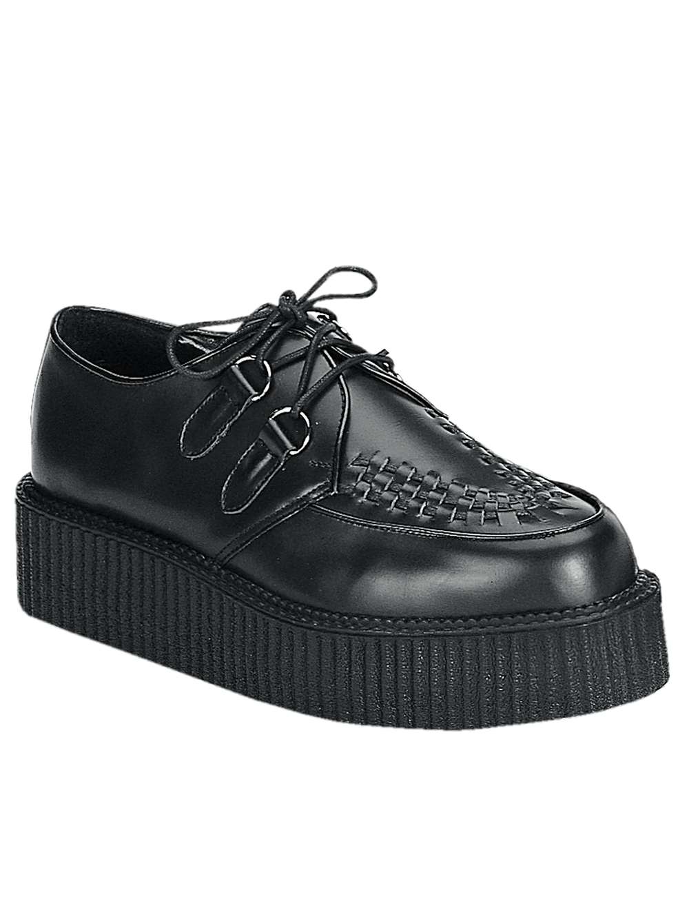 Black Demonia platform punk rockabilly lace-up creepers with woven detail and 2-inch platform for a bold look.