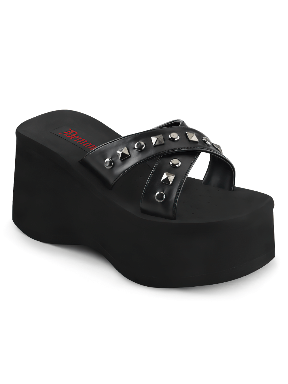 Edgy black platform sandals with gunmetal studs and pyramid details for a bold look and elevated style.