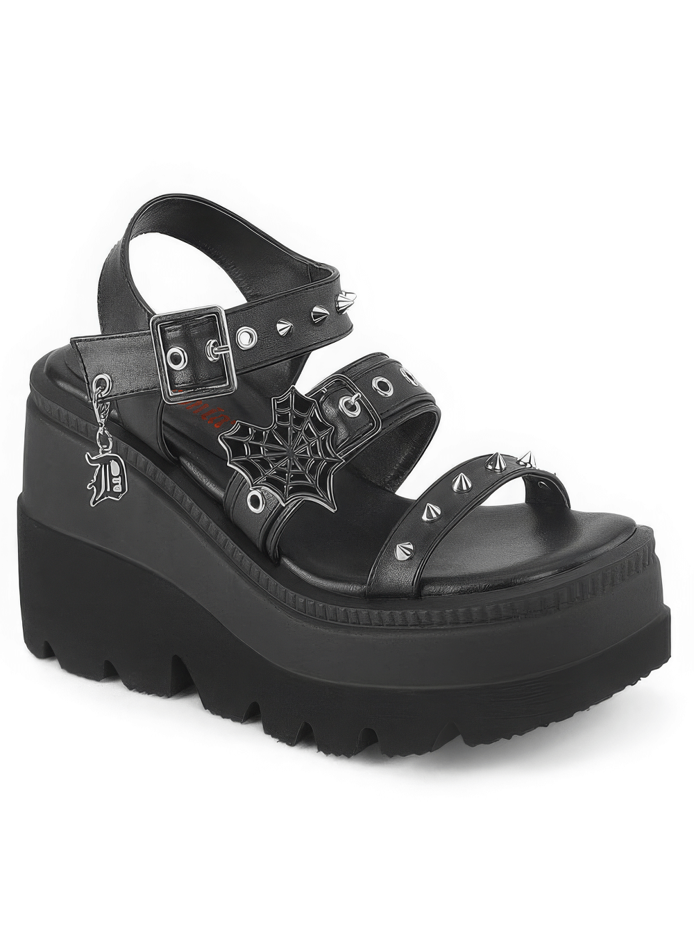 Demonia platform sandals with studded straps and spider charm, featuring a bold 4.48-inch platform.