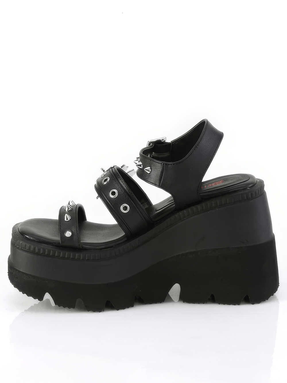 Black Demonia platform sandals with studs and heart buckle, showcasing a bold 4.48-inch platform for standout style.