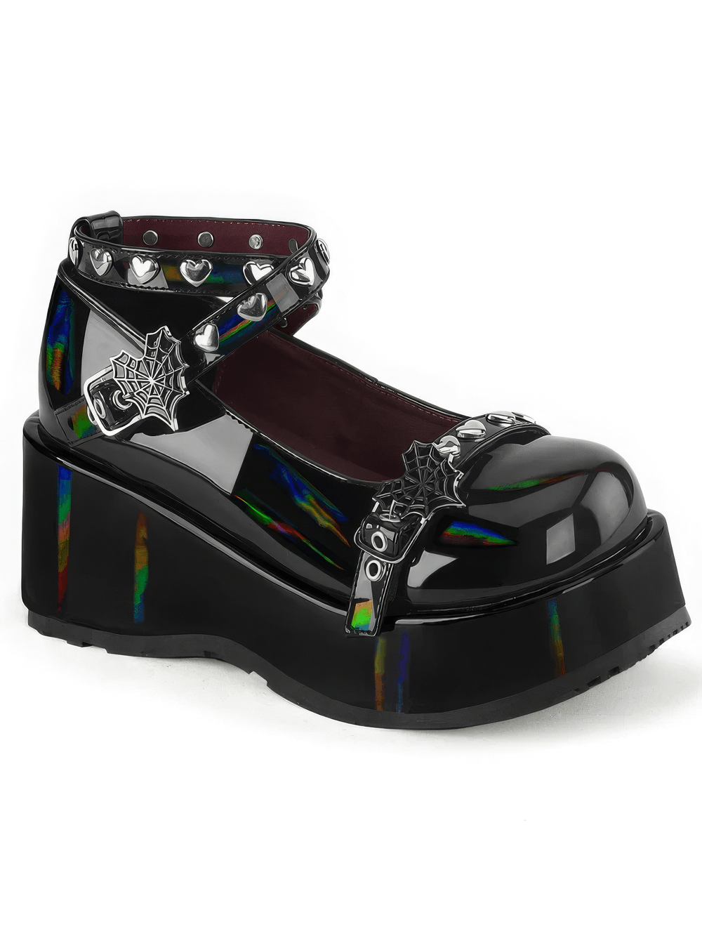 DEMONIA Platform Shoes with Heart Studs and Spiderweb Buckle