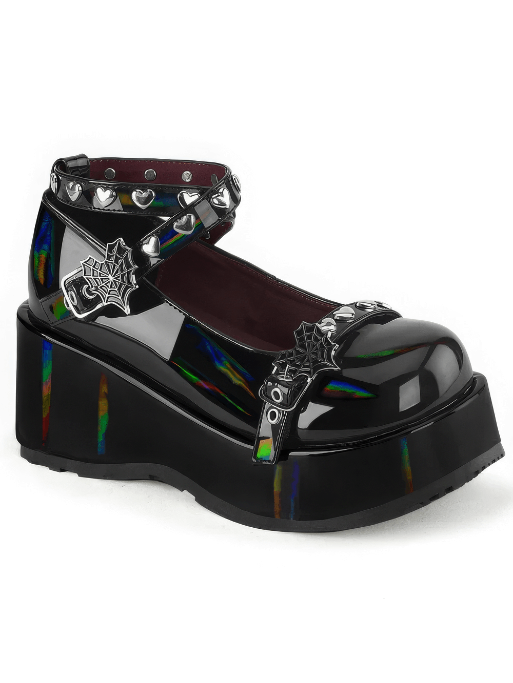 Edgy black holo platform shoes with heart studs and spiderweb buckle, featuring a secure ankle strap.